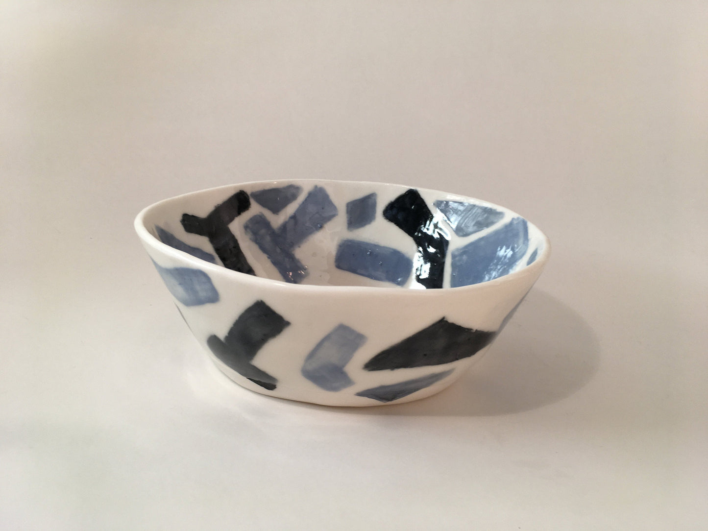 Porcelain Bowl with Dark and Light Blue Geometric Shapes