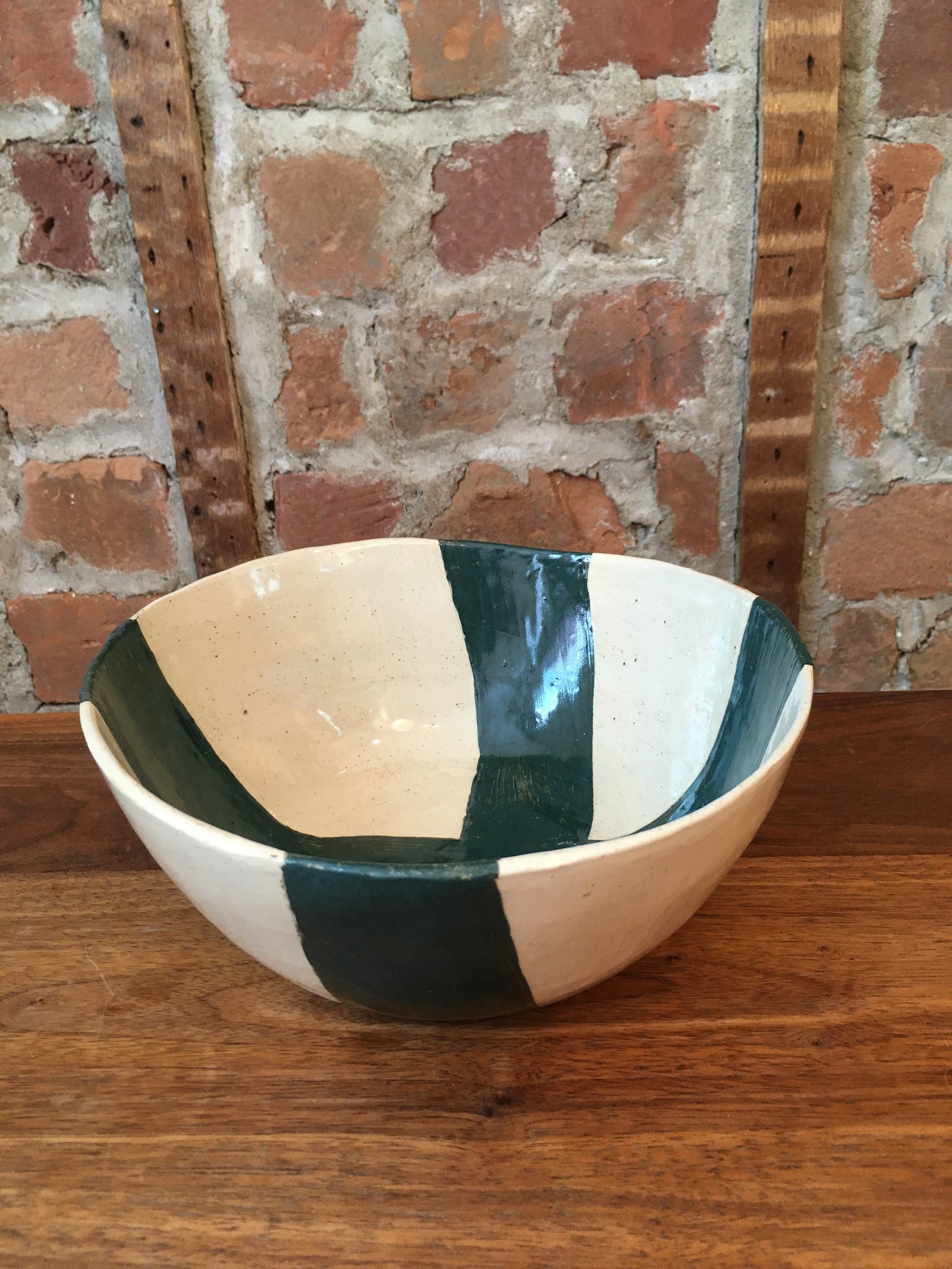 Stoneware Bowl with Green Stripes