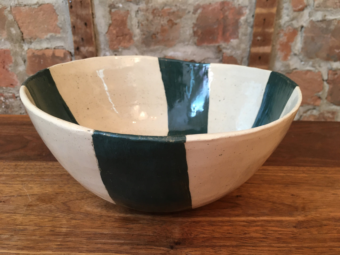 Stoneware Bowl with Green Stripes