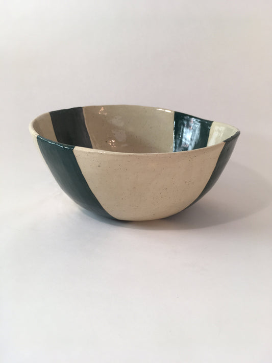 Stoneware Bowl with Green Stripes