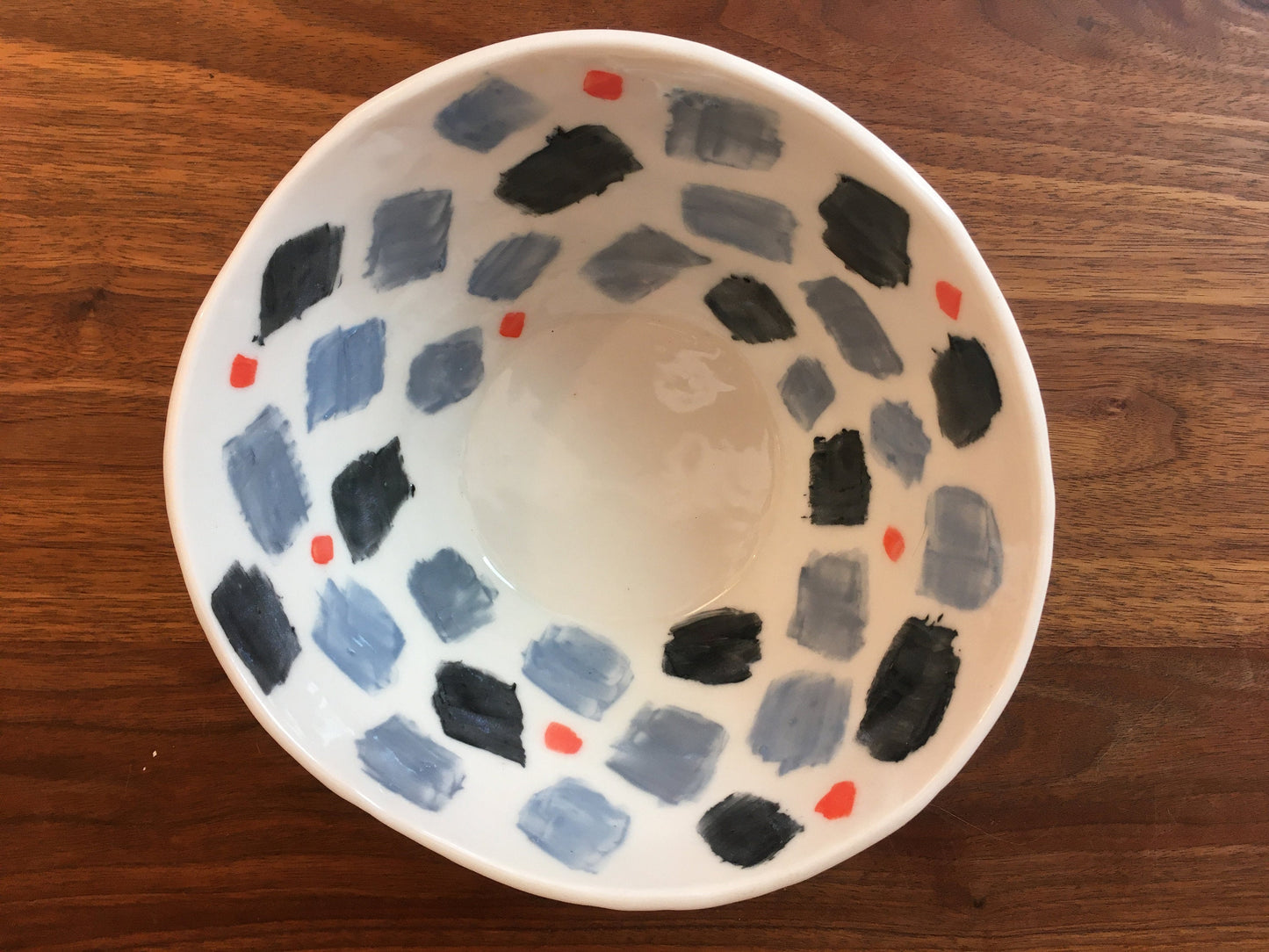 Porcelain Bowl with Light Blue, Grey, and Coral