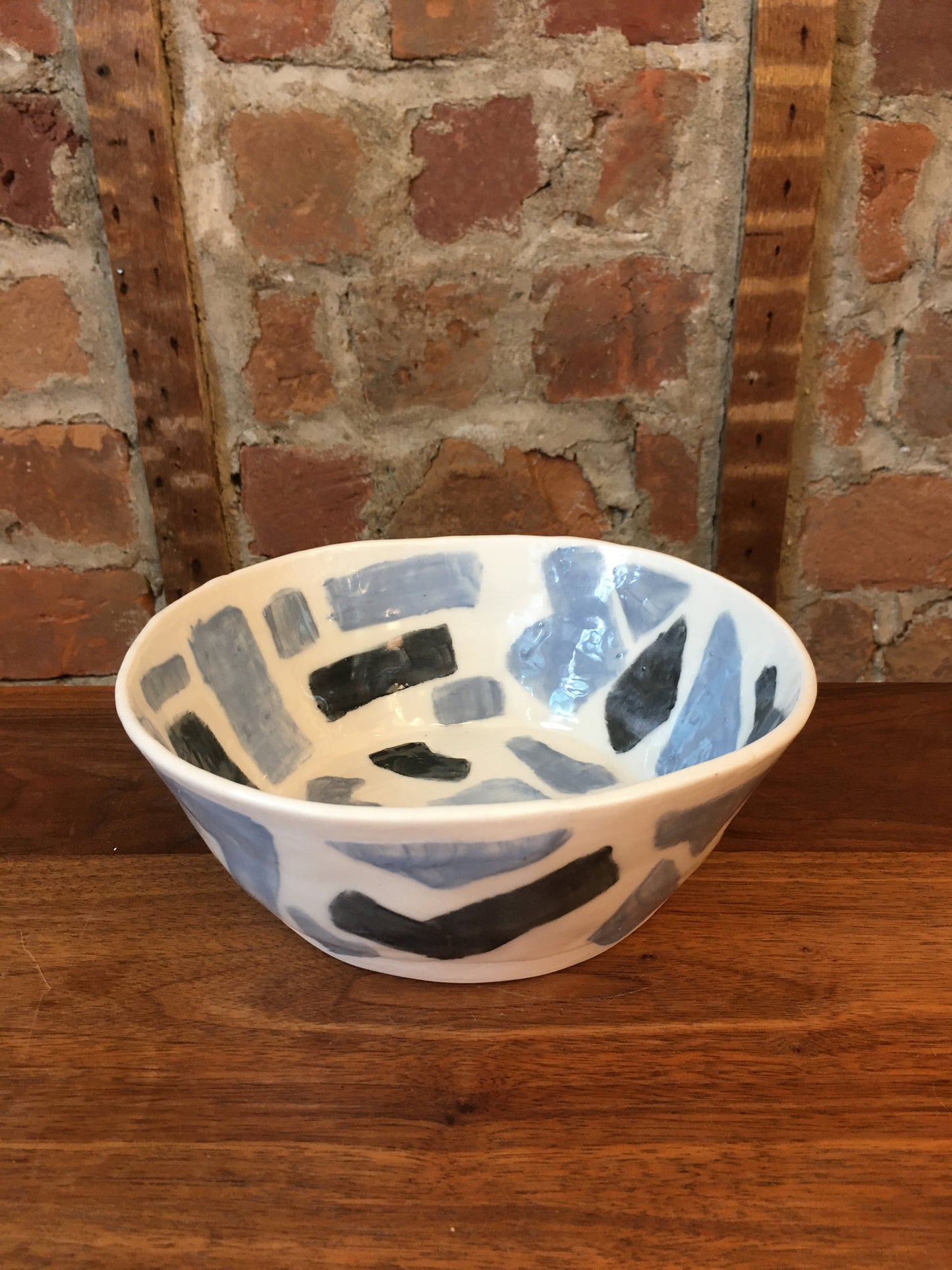 Porcelain Bowl with Dark and Light Blue Geometric Shapes