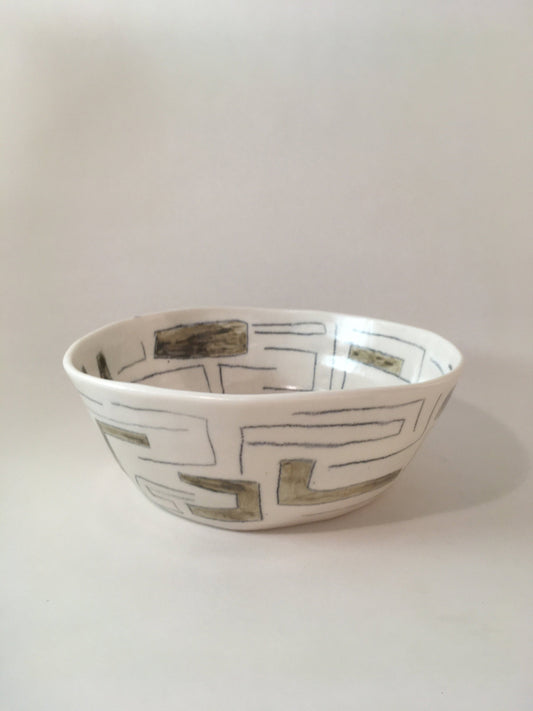Hand-built porcelain bowl with Lines and Rectangles