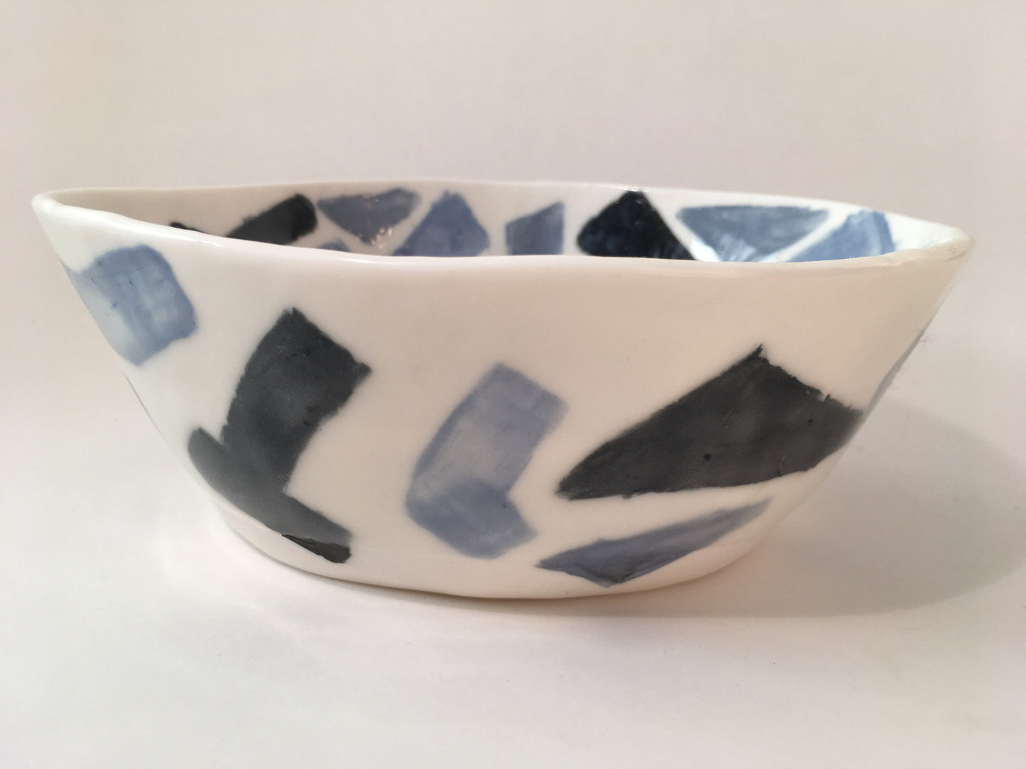 Porcelain Bowl with Dark and Light Blue Geometric Shapes