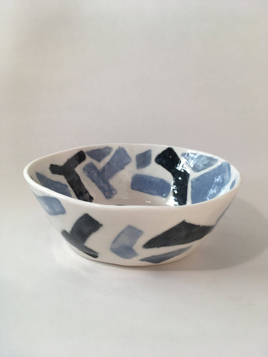 Porcelain Bowl with Dark and Light Blue Geometric Shapes