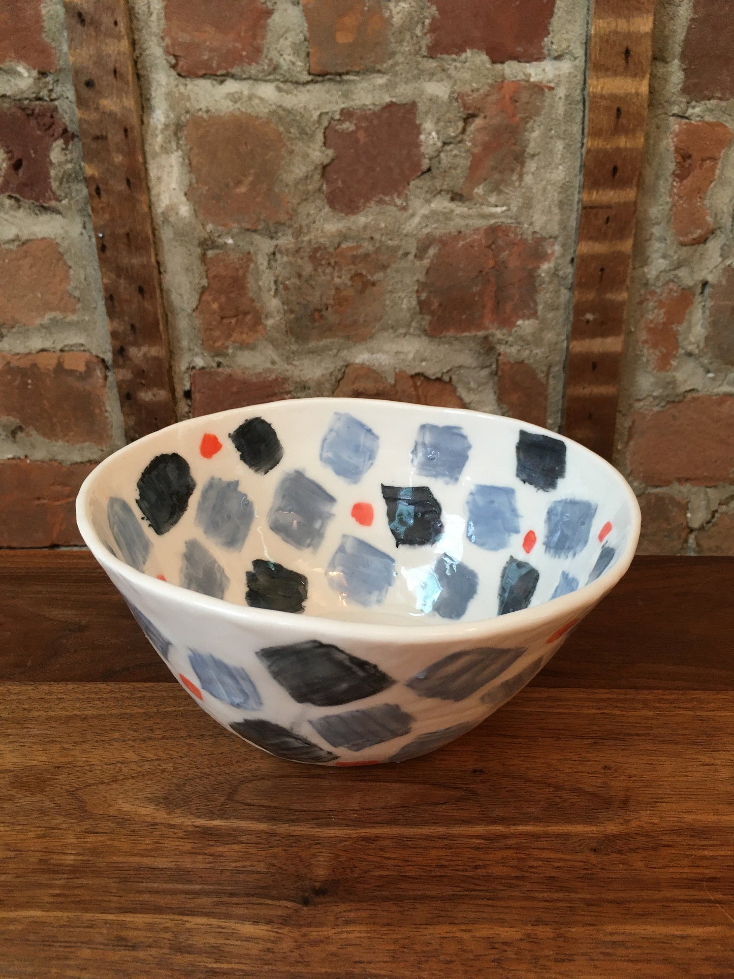 Porcelain Bowl with Light Blue, Grey, and Coral