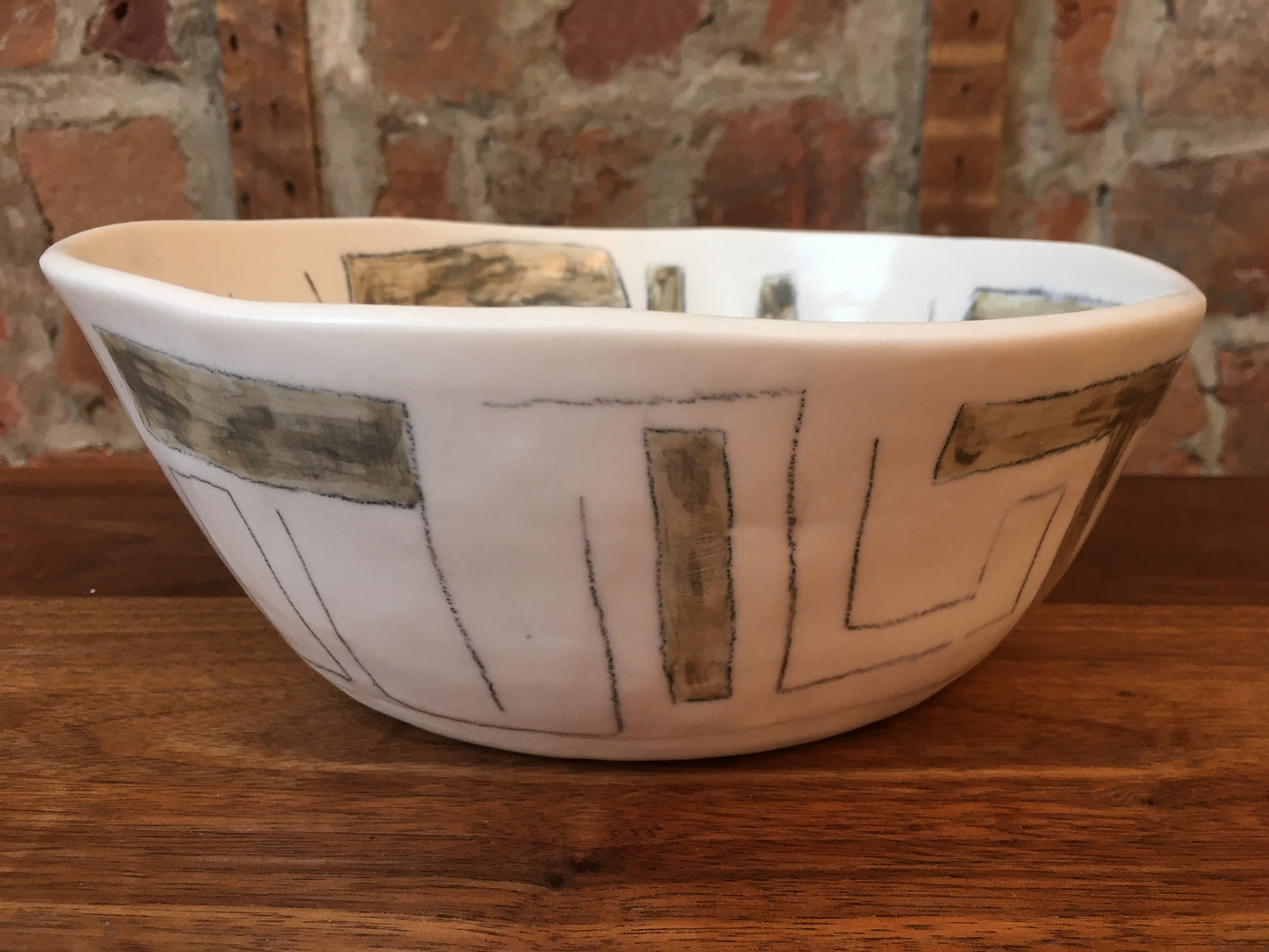 Hand-built porcelain bowl with Lines and Rectangles