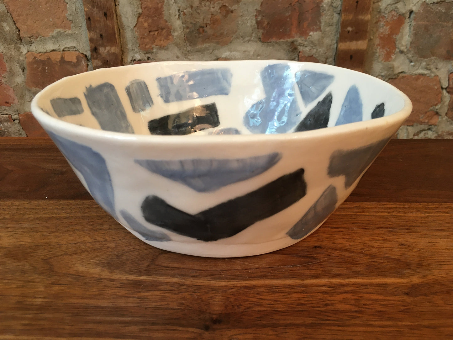 Porcelain Bowl with Dark and Light Blue Geometric Shapes